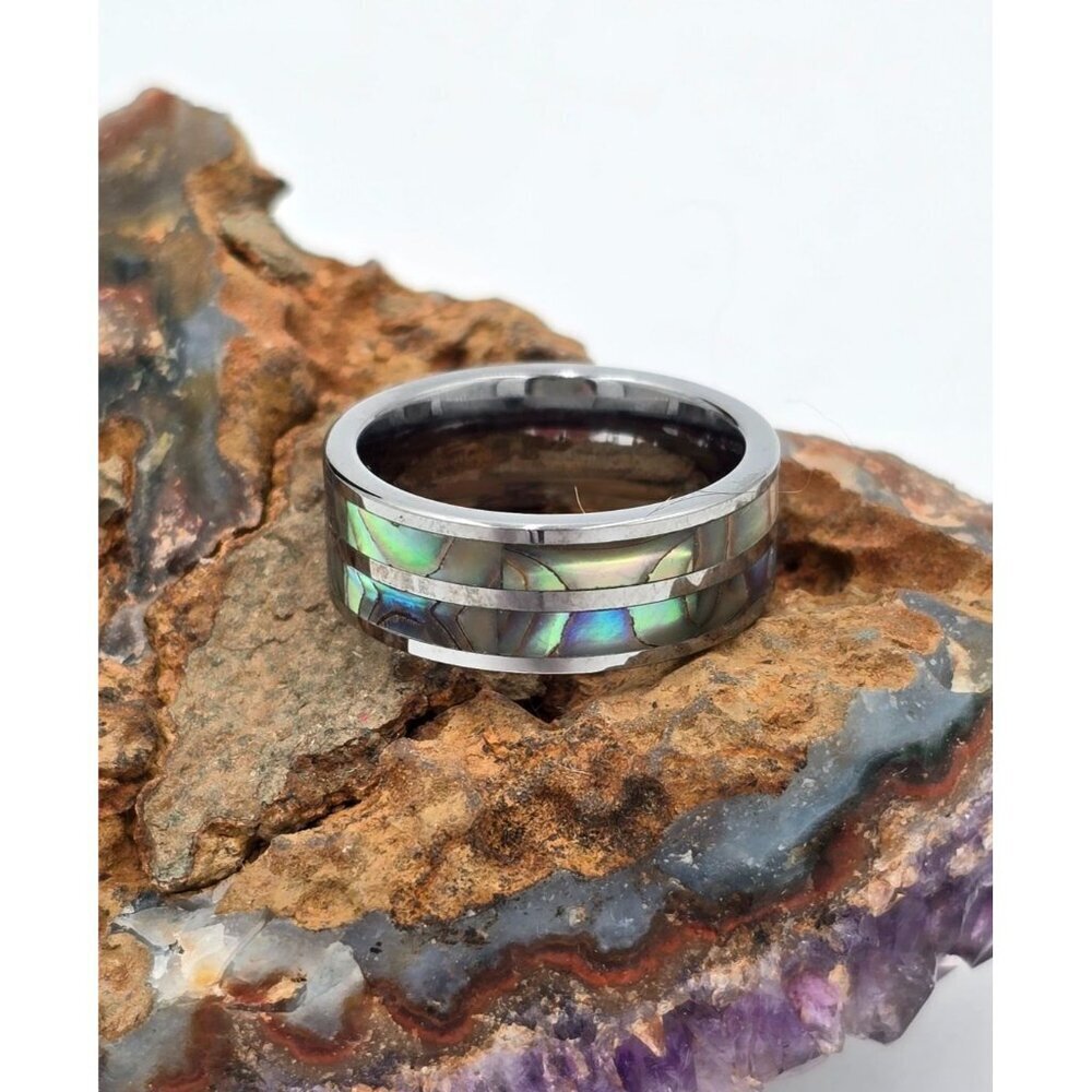 Tungsten Men's Double Abolone Inlay 8mm Wide Band Ring Size 9 Wedding - Picture 4 of 5